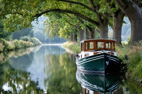 Boating on tranquil canal with green tree reflections