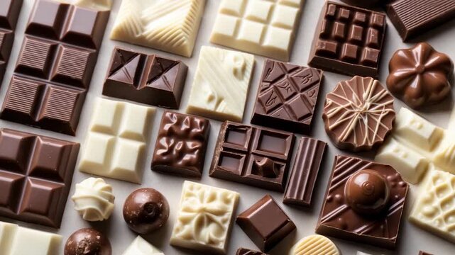 Close-up view of assorted chocolates including dark milk and white varieties artfully arranged on a smooth surface showcasing intricate designs textures and a variety of shapes in soft natural light
