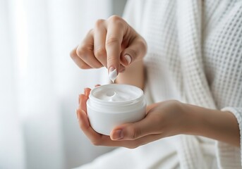 Close-up of Woman in Robe Holding and Applying Natural Moisturizing Cream