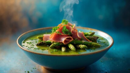 Close-up of steaming green asparagus soup garnished with thinly sliced prosciutto and fresh parsley in a rustic ceramic bowl against a softly lit blue background showcasing vibrant colors and textures - Powered by Adobe