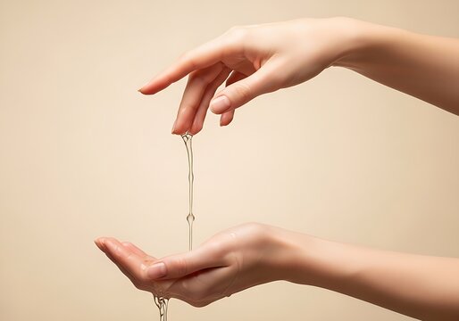 Clear Viscous Liquid Dripping Between Female Hands on Neutral Background