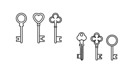 A collection of vintage style keys in a simple black and white illustration