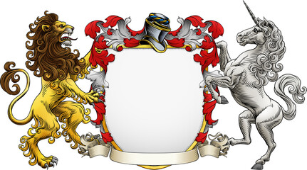 Fototapeta premium A unicorn and lion coat of arms or crest family heraldry medieval heraldic knight shield. With helmet and acanthus filigree scroll ornament in a vintage woodcut style.