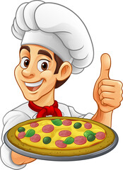 A chef cook holding a pizza cartoon food man mascot character illustration