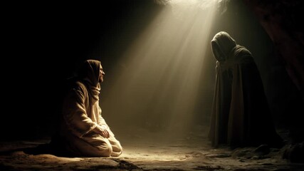 Jesus in the light meeting a mysterious figure in a dark cave at a significant moment