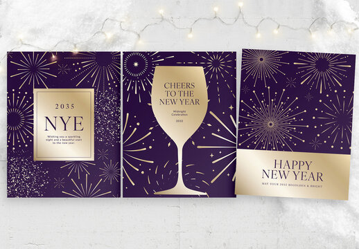 New Years Eve Poster Flyer Template in Luxe Gold & Purple with Fireworks Vector & Wine Glass Background