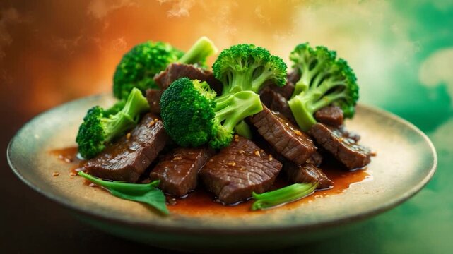 Close-up of a beautifully plated dish featuring tender beef slices and vibrant green broccoli glistening with a savory sauce presented on a rustic ceramic plate against a softly blurred colorful