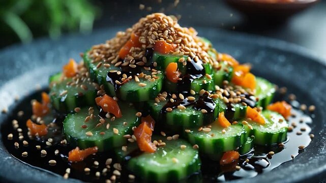 Close-up of freshly sliced cucumber salad garnished with orange bits and sesame seeds drizzled with dark sauce arranged beautifully on a textured black plate against a blurred green background under