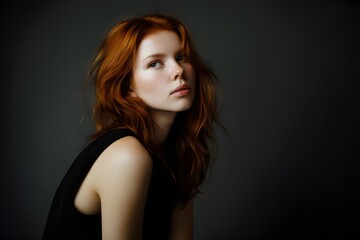 Naklejka premium Portrait of a beautiful young woman with red hair and clear skin sitting in a studio