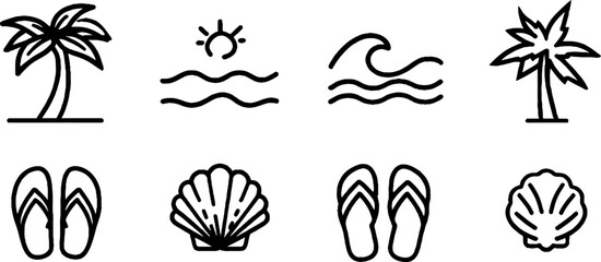 Minimalist line art set of beach themed symbols for summer designs