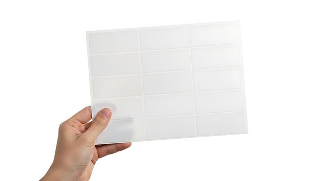Hand holding a sheet of blank stickers isolated on white background
