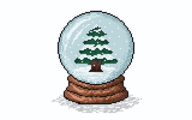 Pixel art of a snow globe with a clear glass dome. Inside, a stylized green Christmas tree is depicted with white pixels representing falling snow. perfect for seasonal designs, wallpaper, background.