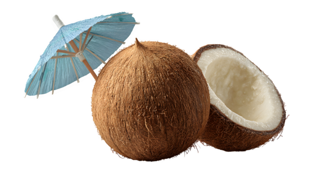 Coconut with Drink Umbrella, isolated on transparent background