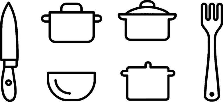 Minimalist line art cooking icon set featuring knife, pot, and bowl for culinary designs