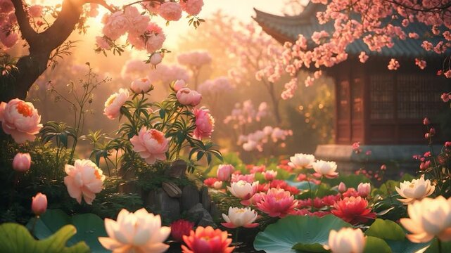 Serene garden scene featuring blooming pink peonies and lotus flowers with lush greenery traditional wooden pavilion illuminated by soft morning light creating a tranquil atmosphere in a scenic