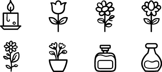 Minimalist line art fragrance icons set featuring candle and floral elements for design and decor