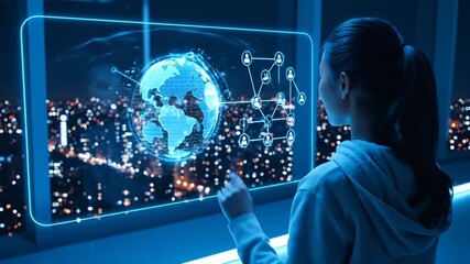 Woman touches holographic globe with network connections. Businesswoman interacts with digital globe display. Woman uses holographic globe with network. Professional touches global network interface. - Powered by Adobe
