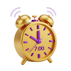Gold and purple alarm clock with the time 7:00. isolated illustration on  transparent background PNG