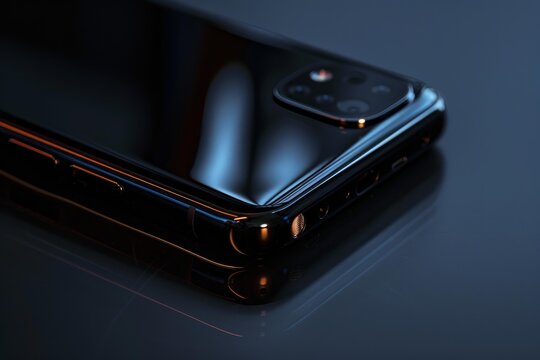 Sleek, black smartphone is showcased on a reflective surface, highlighting its design and illuminated by dramatic lighting