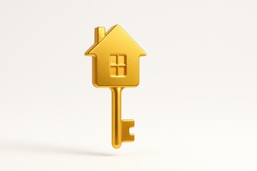 Golden key shaped like house symbolizes investment in real estate, representing wealth and safe asset for future