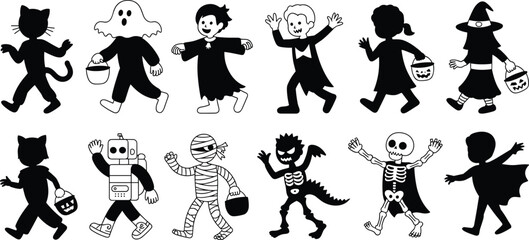 Fototapeta premium Black and white Halloween costume silhouettes of kids trick or treating dressed as monsters, witches, robots and animals for festive graphic designs