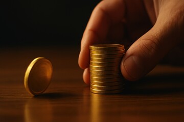 Hand carefully stacks gold coins, symbolizing investment and wealth, showcasing safe asset for financial growth