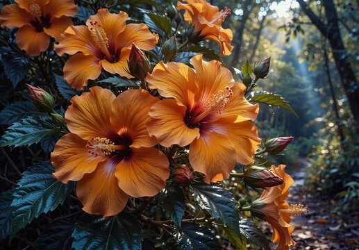 vibrant orange hibiscus flowers bloom in a lush tropical garden with soft sunlight filtering through the trees. - Powered by Adobe