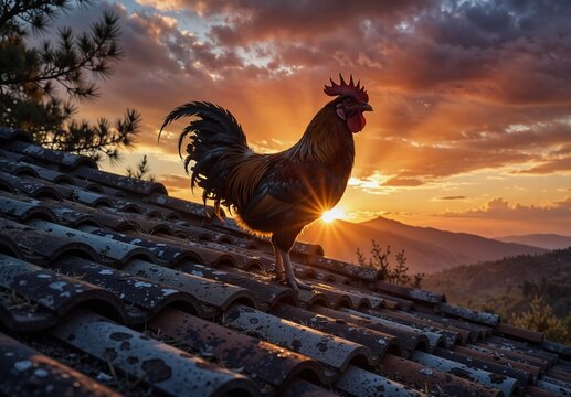 colorful rooster silhouetted against a vibrant sunset on a tiled roof in rural landscape. - Powered by Adobe