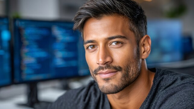 Developer man smiling, coding on computer in office