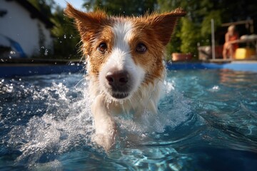 Border collie swimming in a clear pool on a sunny day, capturing joy and movement in a lively backyard setting