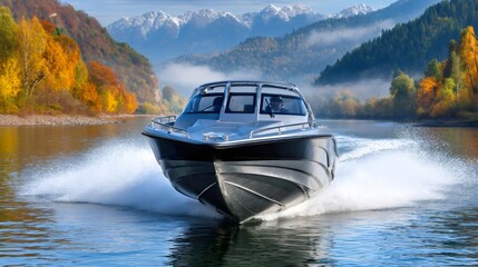 Motorboat speeding on river in autumn mountains landscape