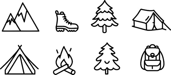 Minimalist mountain hiking gear line art set for outdoor adventure enthusiasts