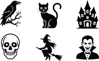 Black and white Halloween icon set featuring raven, black cat, haunted house, skull, witch silhouette, vampire head, spooky holiday graphics