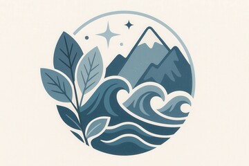 Emblematic representation of nature's harmony showcasing mountains, waves, and leaves through minimalist design reflecting tranquility and environmental sensitivity