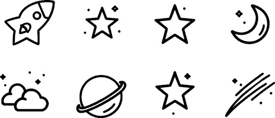 Fototapeta premium Minimalist line art collection of night sky icons featuring stars and celestial objects