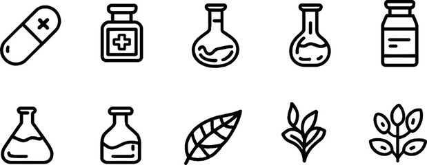 Minimalist line art of pharmacy icons with pills and bottles for healthcare design