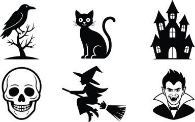 Black and white Halloween icon set featuring raven, black cat, haunted house, skull, witch silhouette, vampire head, spooky holiday graphics