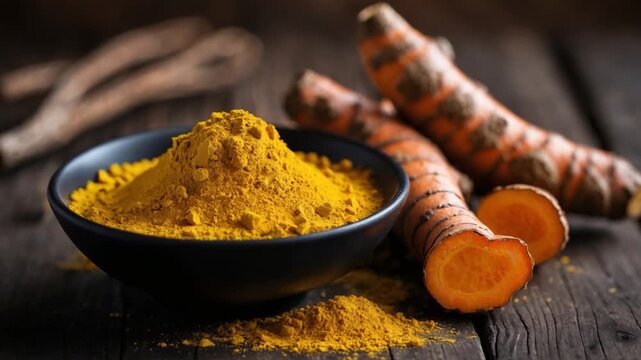Close-up of vibrant yellow turmeric powder in a black bowl with whole turmeric roots and sliced pieces on a rustic wooden surface showcasing earthy textures under warm soft lighting emphasizing the