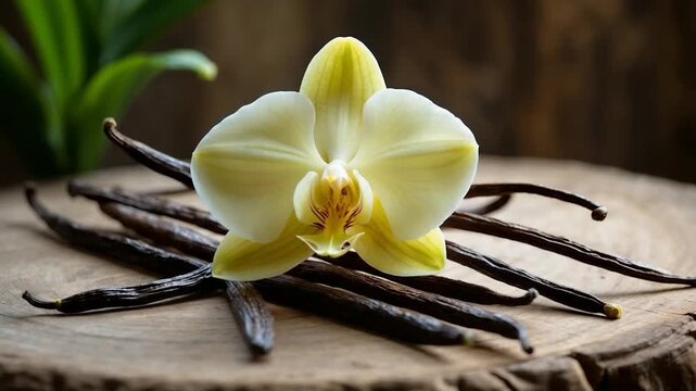 Close-up of a delicate yellow orchid positioned atop dark vanilla pods on a rustic wooden surface showcasing natural textures and soft light with a blurred botanical background