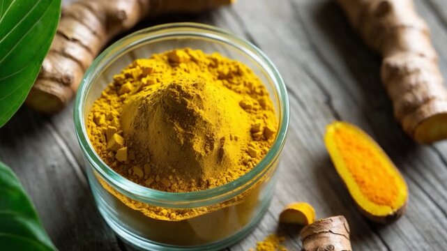 Close-up of vibrant yellow turmeric powder in a glass bowl surrounded by fresh turmeric roots on a rustic wooden surface showcasing the texture and natural colors under soft natural light