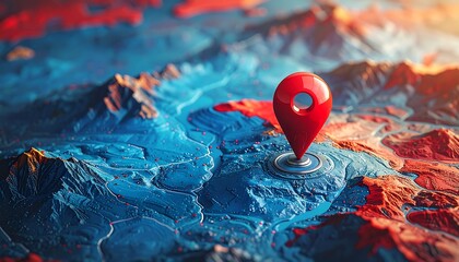 A vibrant map with a location marker on a detailed terrain