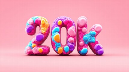 Colorful 20K text on a pink background