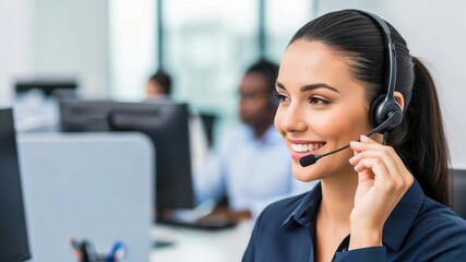 Smiling customer service representative with headset working in call center video generative ai - Powered by Adobe