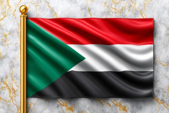 Sudan national flag waving on golden flagpole
