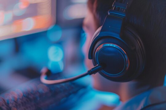 Professional gamer concentrating while playing video games using a computer and wearing headphones in a dark room lit by neon lights