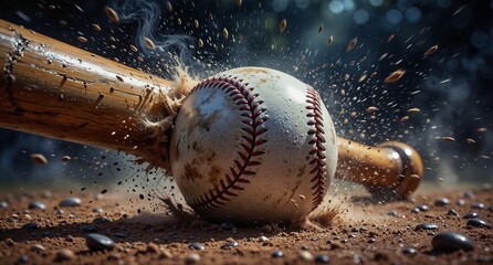 dynamic baseball impact with wood bat and dirt spray, action sports photography