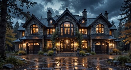 luxurious stone mansion exterior illuminated at dusk with wet cobblestone driveway and autumn foliage.