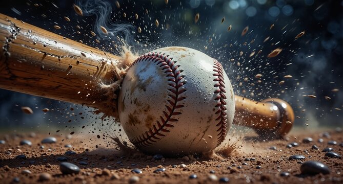 dynamic baseball impact with wood bat and dirt spray, action sports photography