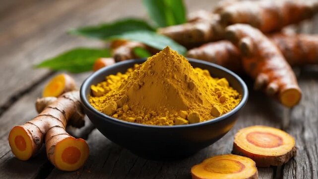Close-up of bright yellow turmeric powder in a black bowl with fresh turmeric roots and green leaves on a rustic wooden table showcasing vibrant colors and natural textures in soft warm light