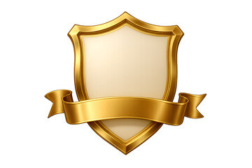 Luxurious golden shield or crest emblem with a blank ribbon banner perfect for security quality assurance or heraldry concepts isolated on transparent background